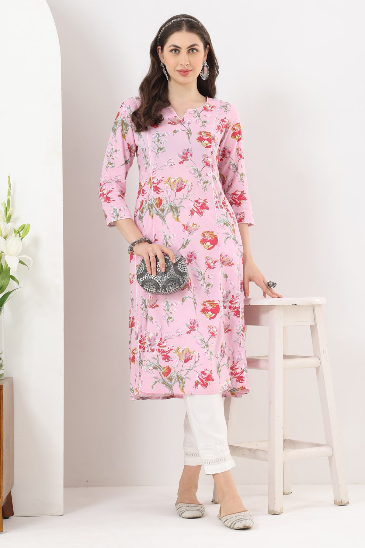 Printed Pink Kurta Woman