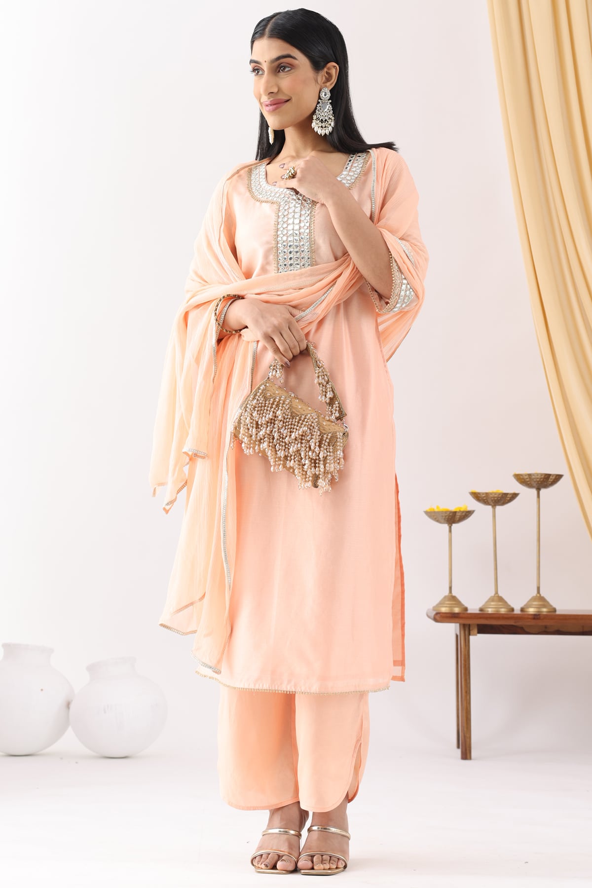 Embroidered Peach Colour Kurti For Women