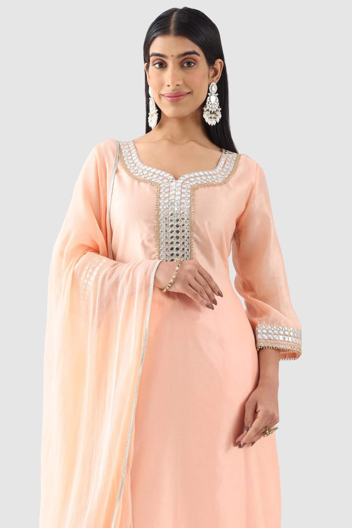Embroidered Peach Colour Kurti For Women