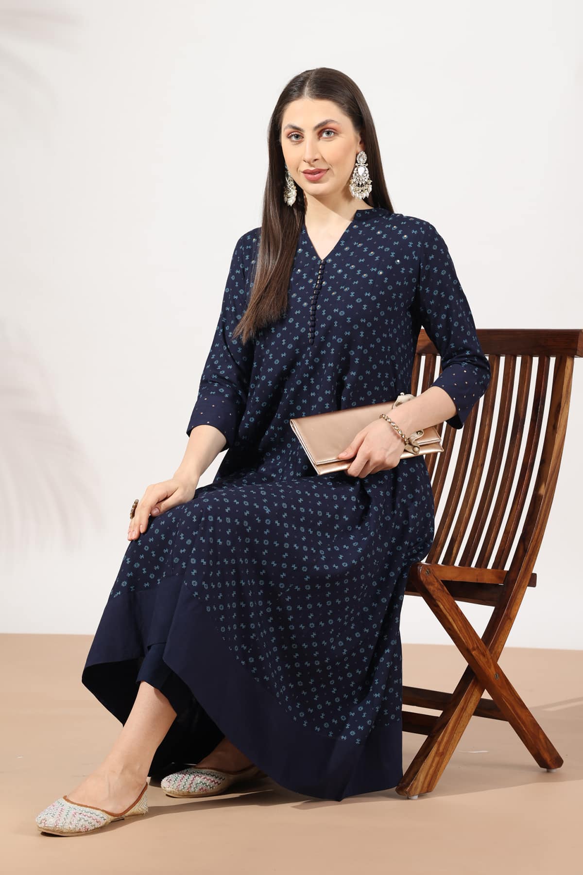 Printed Navy Blue Kurta For Woman