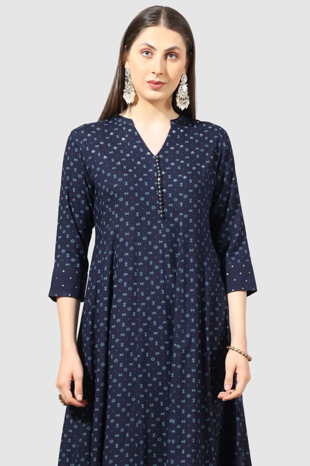 Printed Navy Blue Kurta For Woman