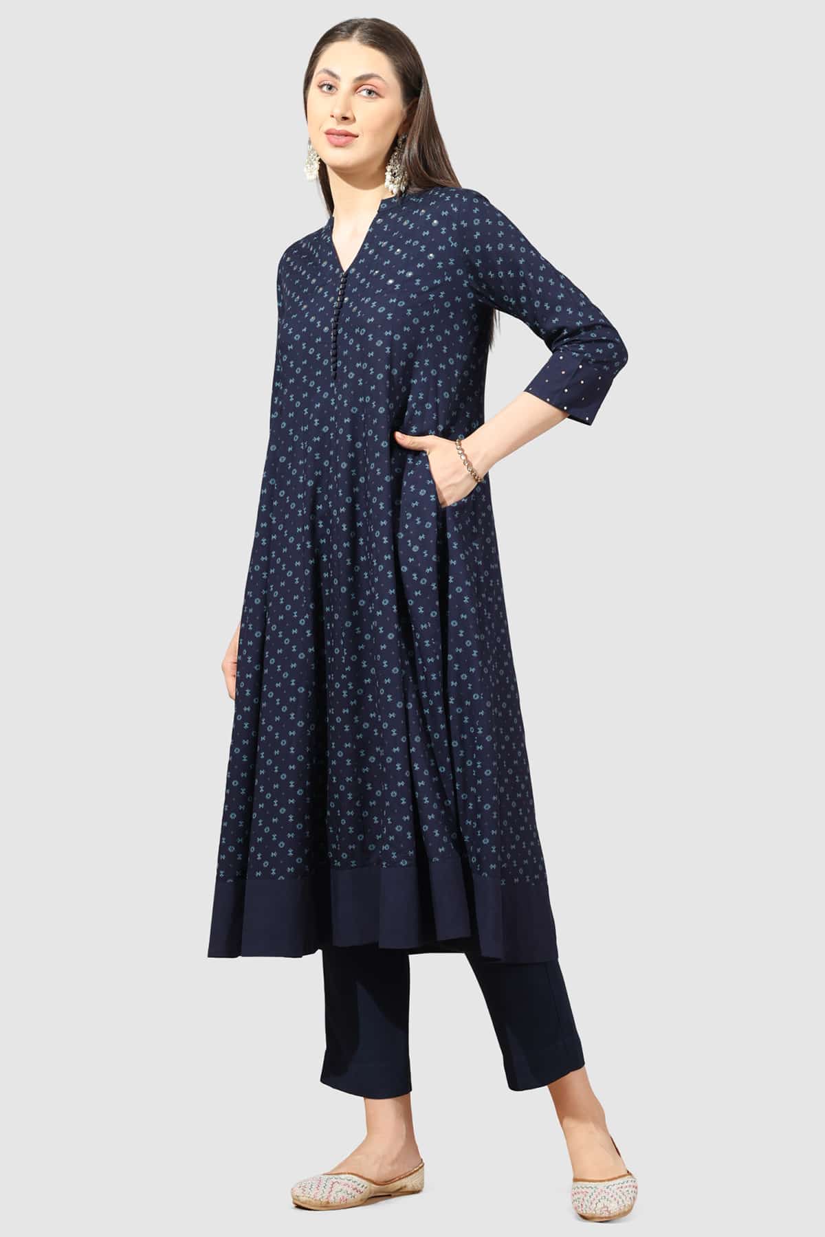 Printed Navy Blue Kurta For Woman