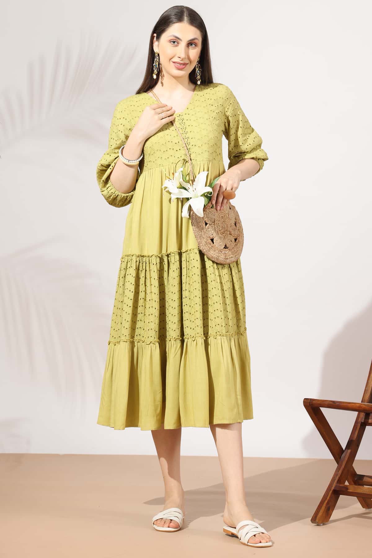 Schiffli Yellow Dress Women