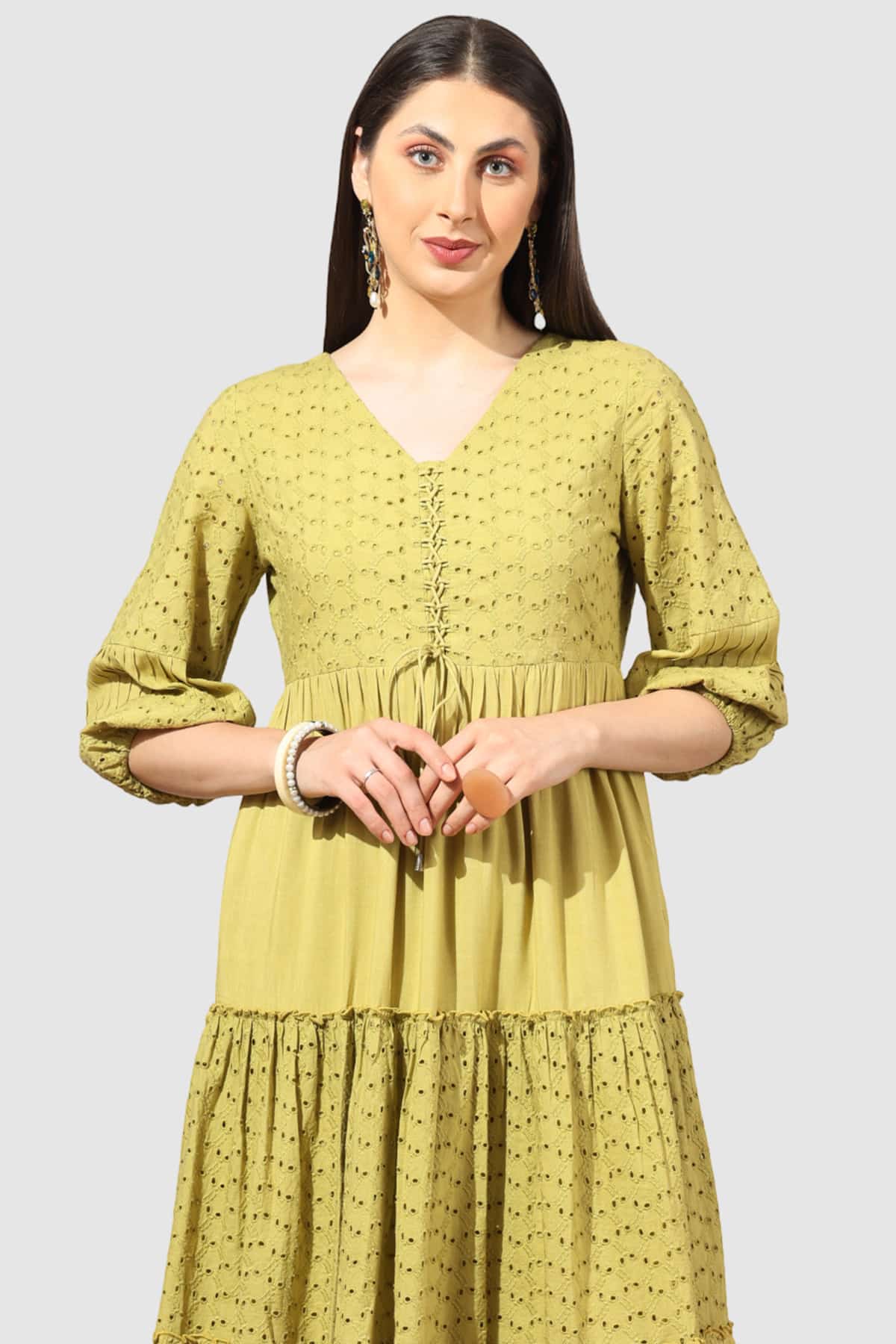 Yellow Schiffli Embroidered Dress with V Neck & 3/4th Sleeves - Image 4