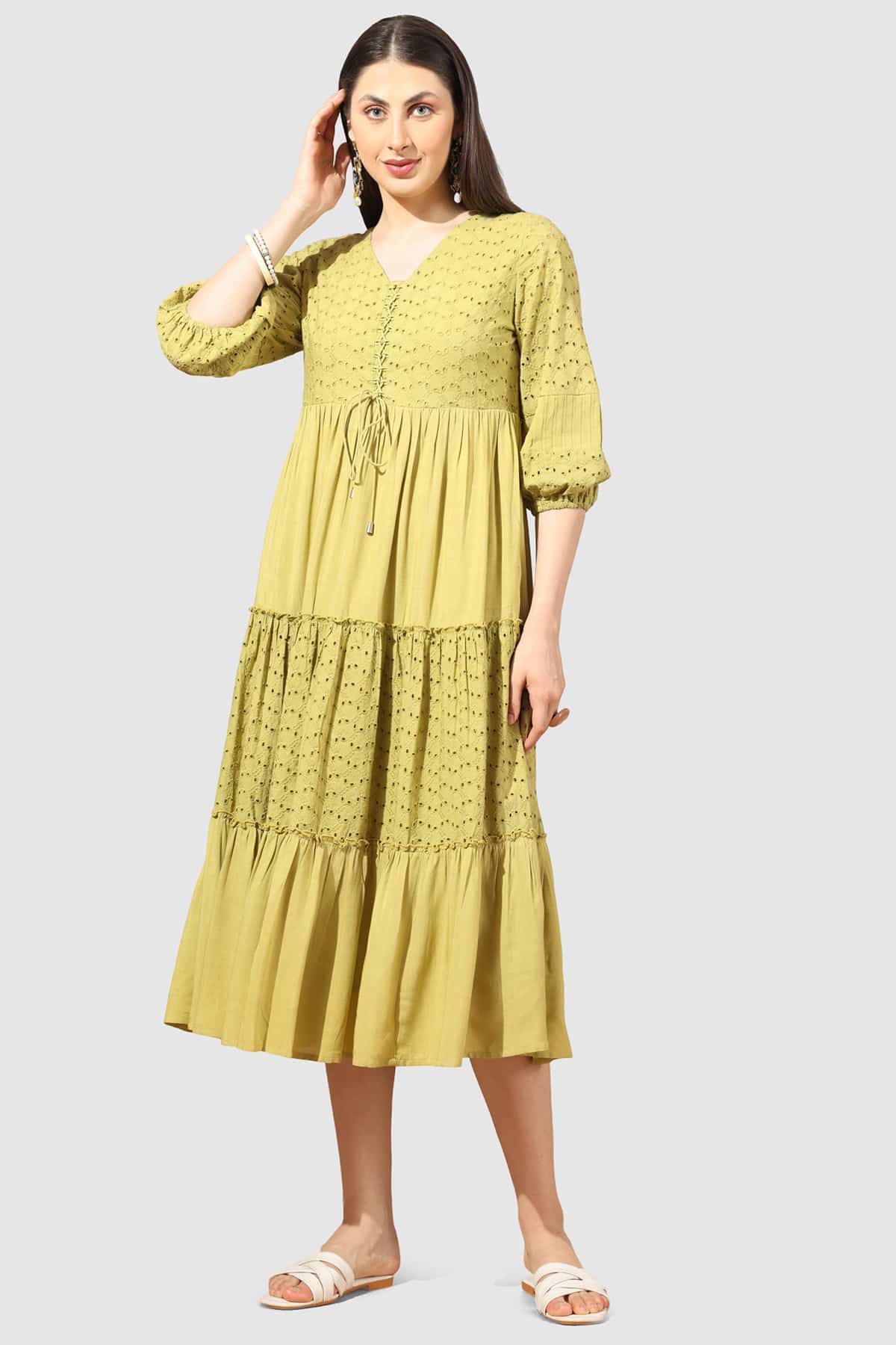 Schiffli Yellow Dress Women
