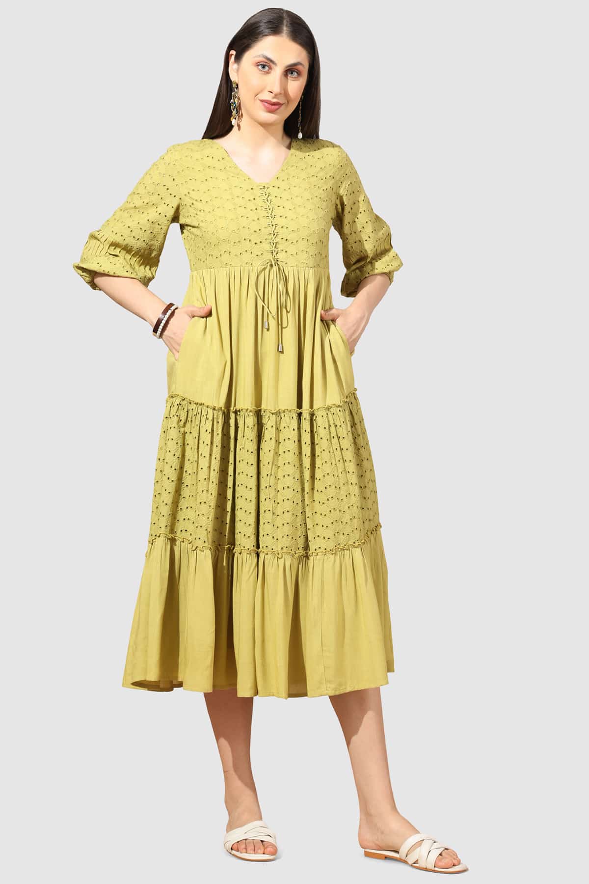 Schiffli Yellow Dress Women