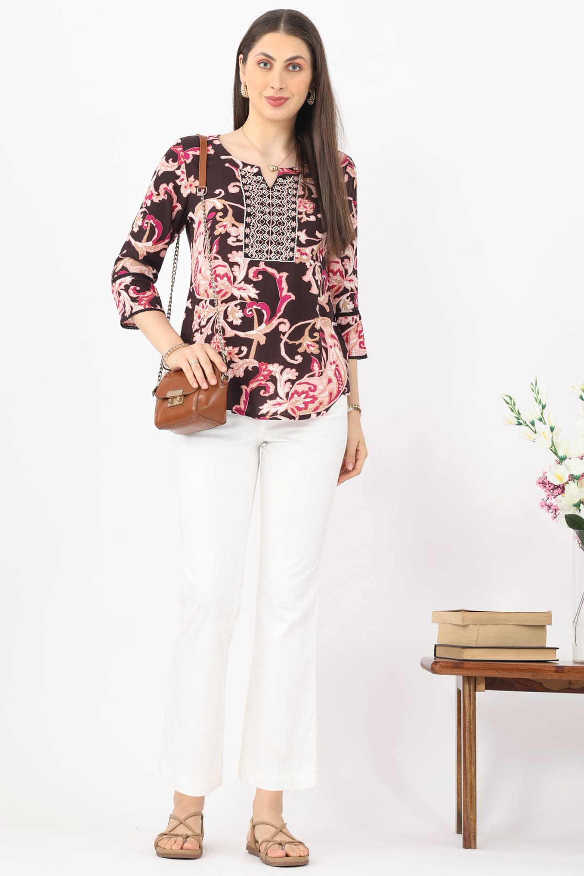 Embroidered Pink Casual Tops Women