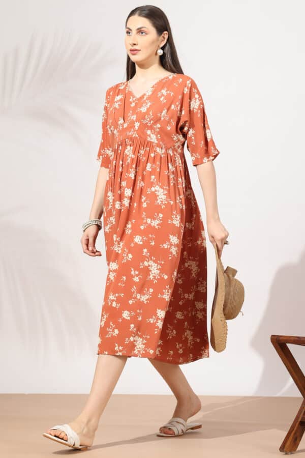 Apricot Printed Dress For Woman