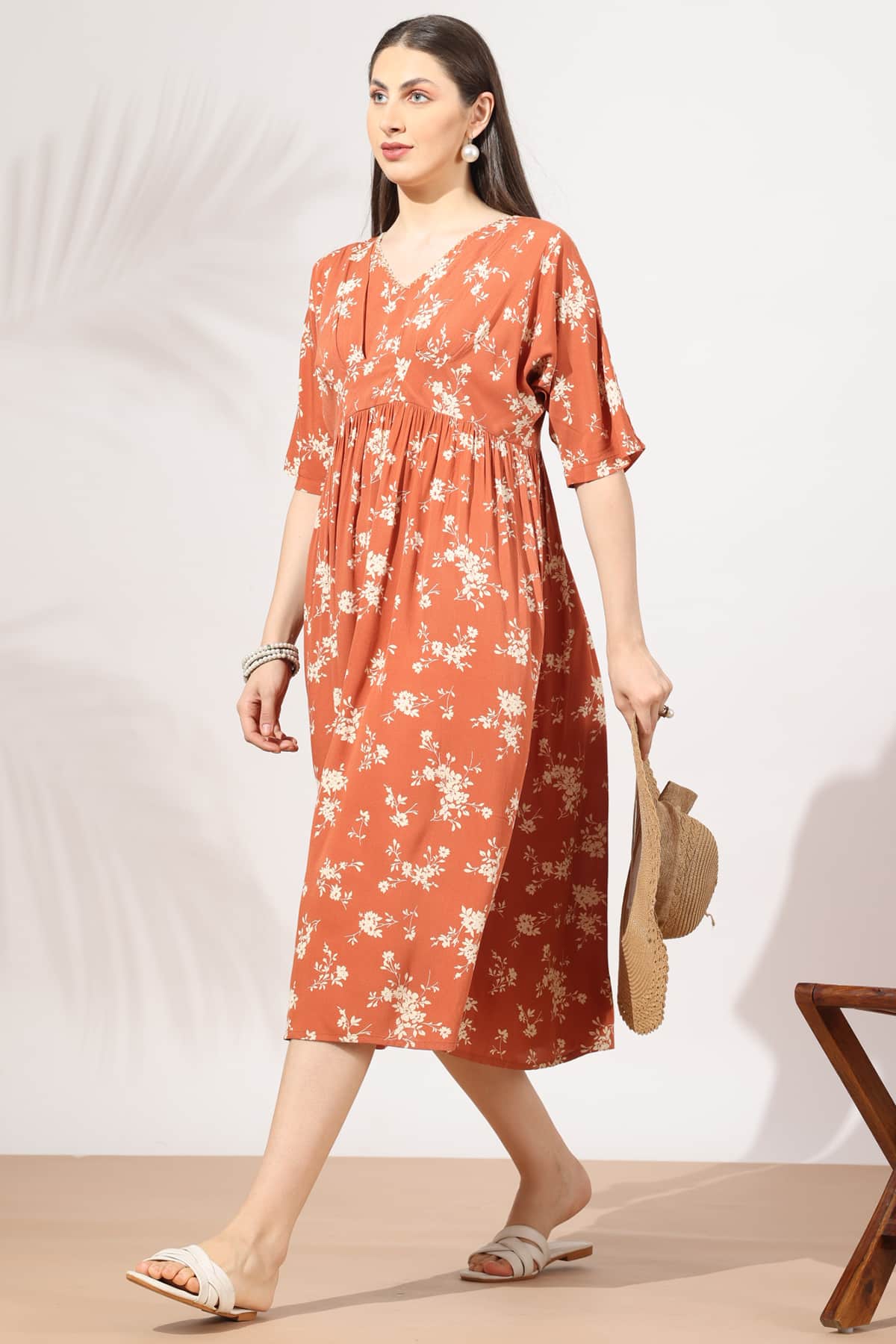 Apricot Printed Dress For Woman
