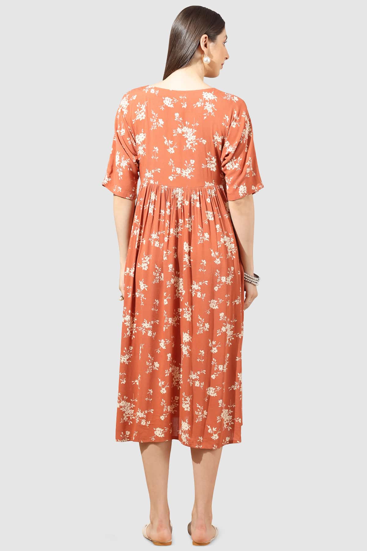 Apricot Printed Dress For Woman