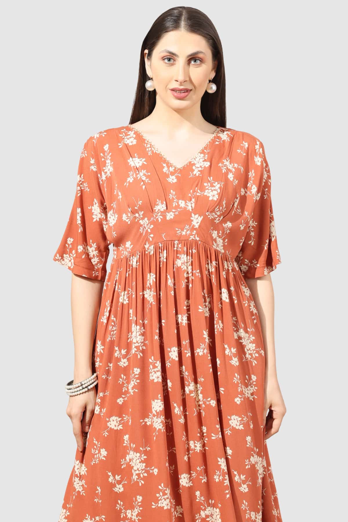 Apricot Printed Dress For Woman