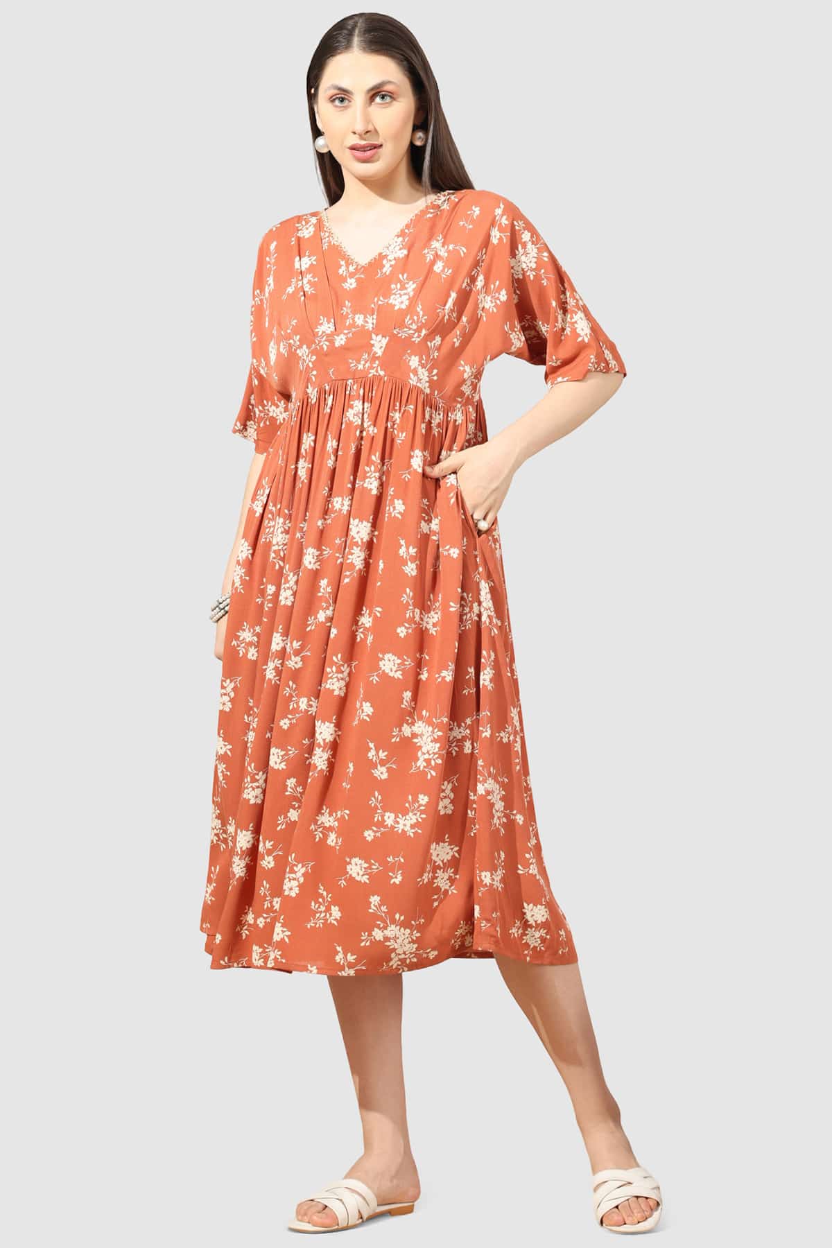 Apricot Printed Dress For Woman