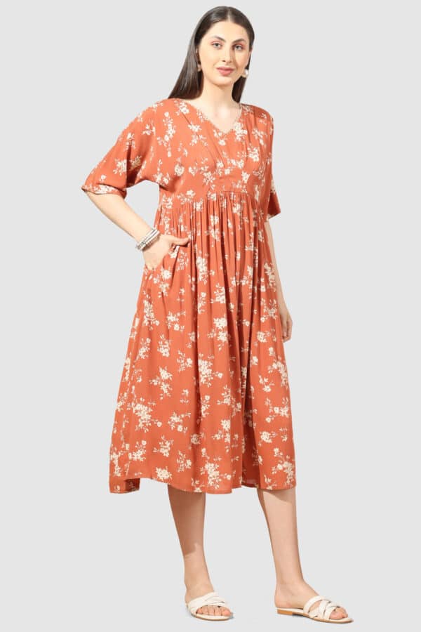 Apricot Printed Dress For Woman