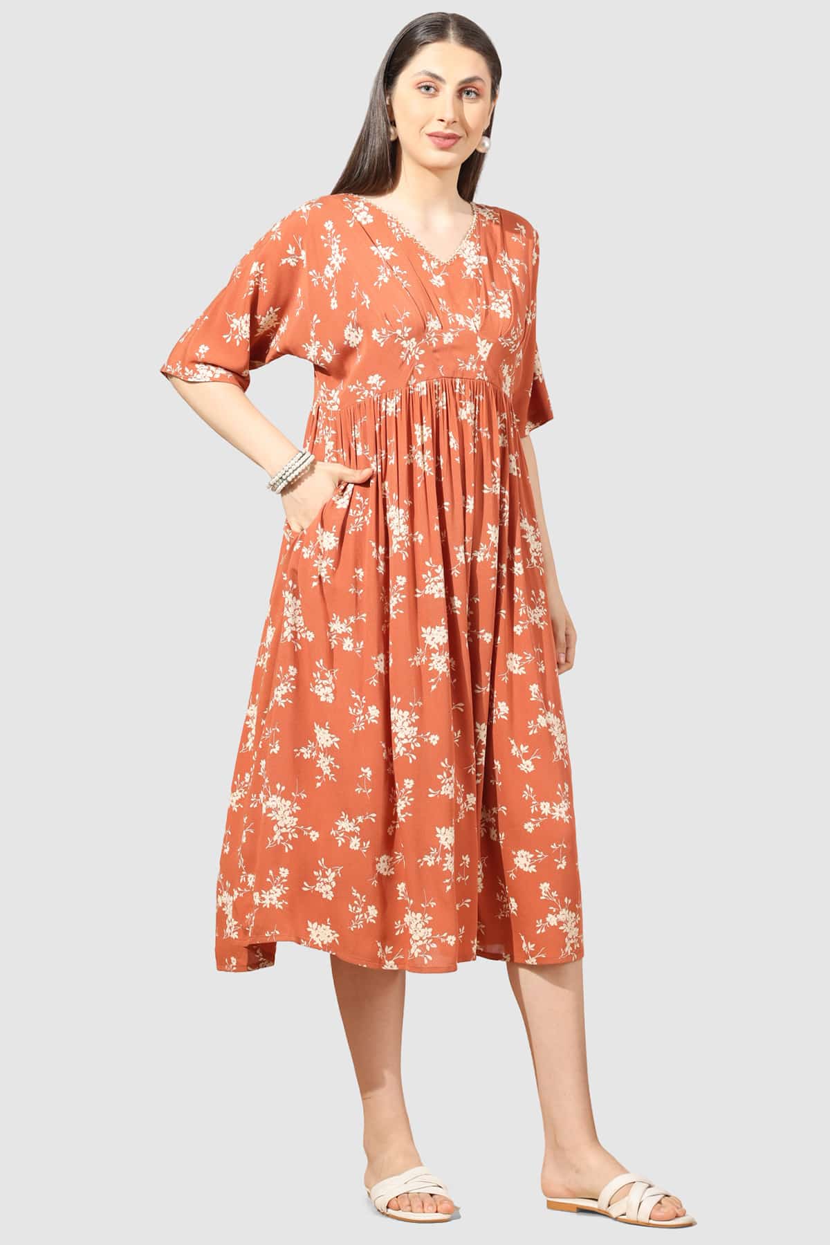 Apricot Printed Dress For Woman