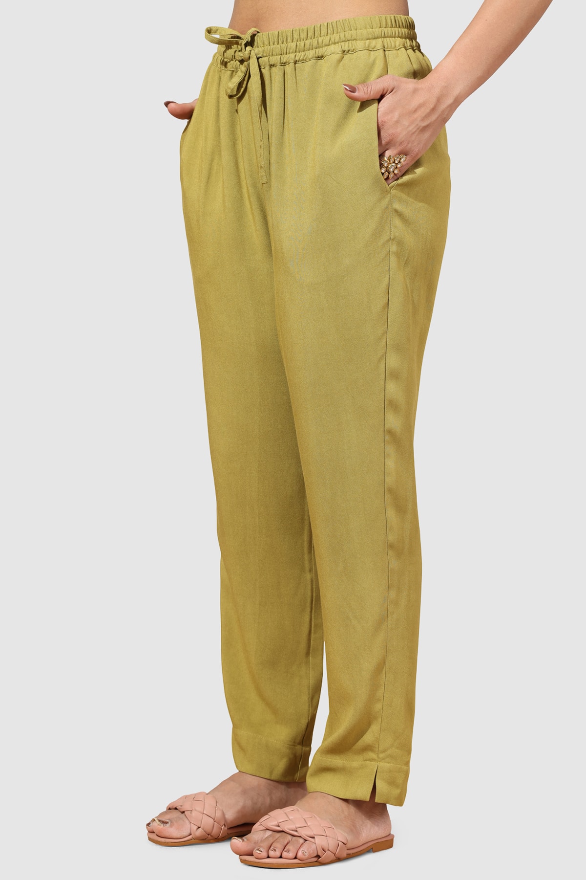 Solid Olive Green Palazzo Pants For Woman