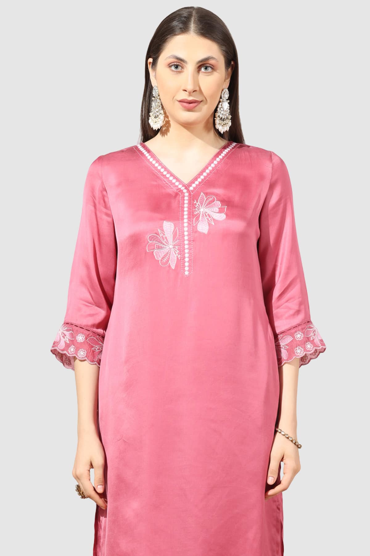 Embroidered Coral Kurta For Woman