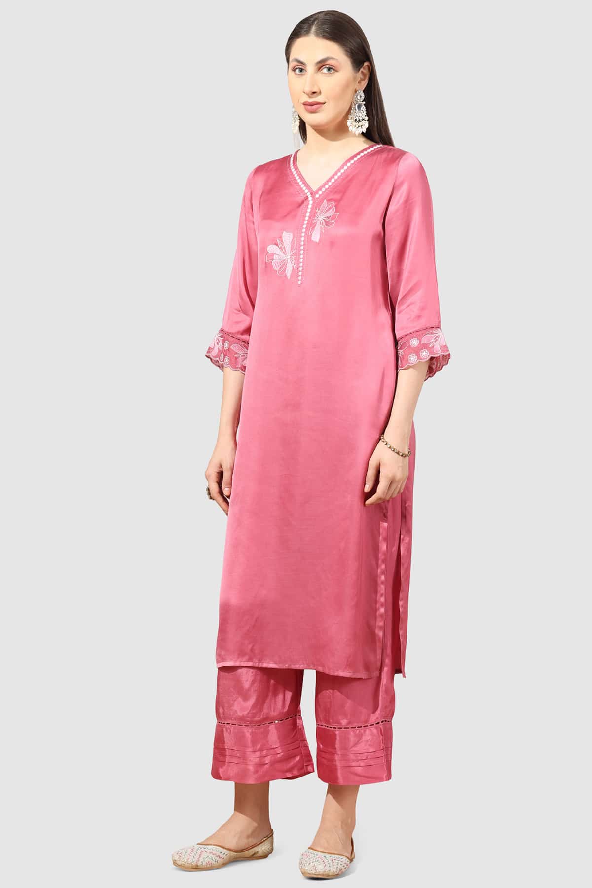 Embroidered Coral Kurta For Woman