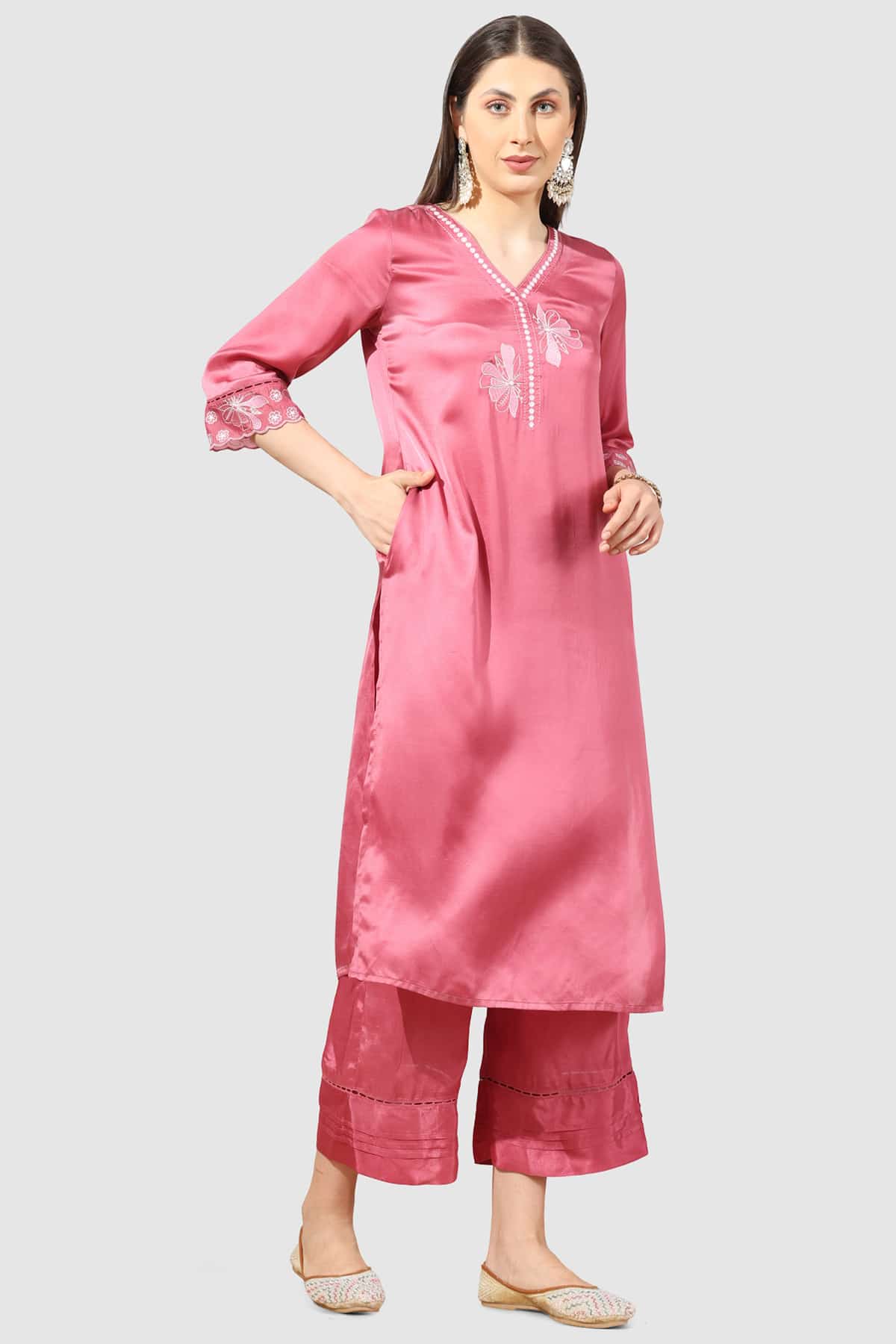 Embroidered Coral Kurta For Woman