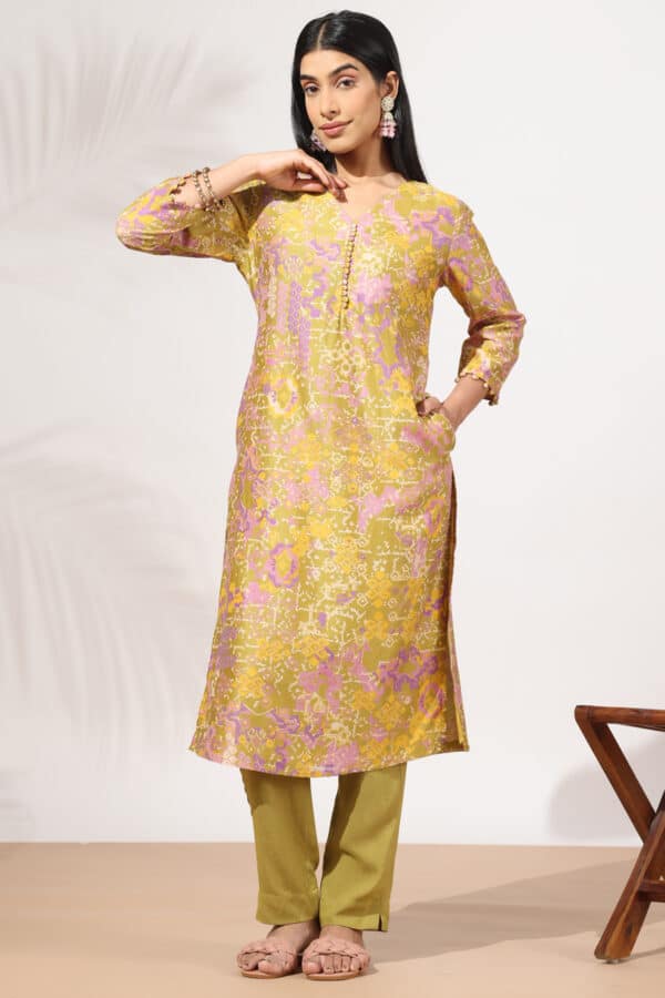 Olive Green Printed Kurta For Woman