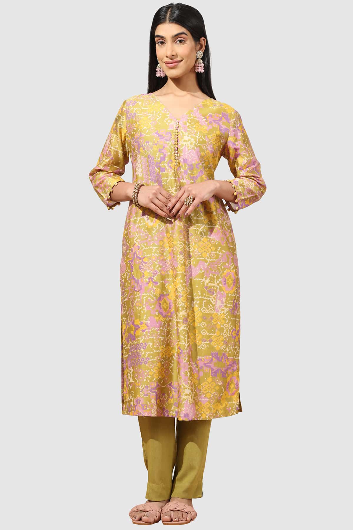 Olive Green Printed Kurta For Woman