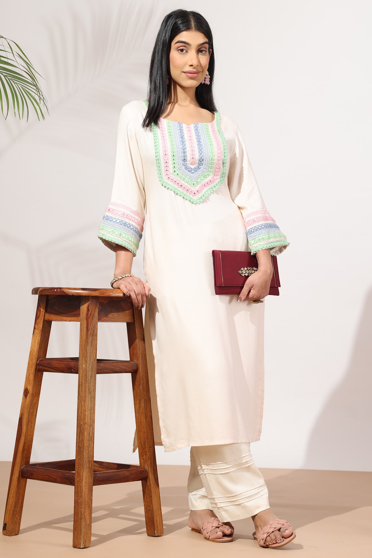 Embroidered Beige Kurta For Women