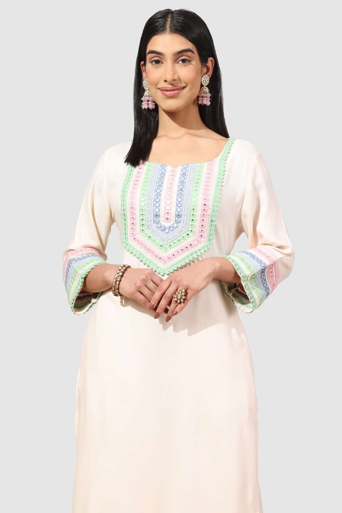 Embroidered Beige Kurta For Women