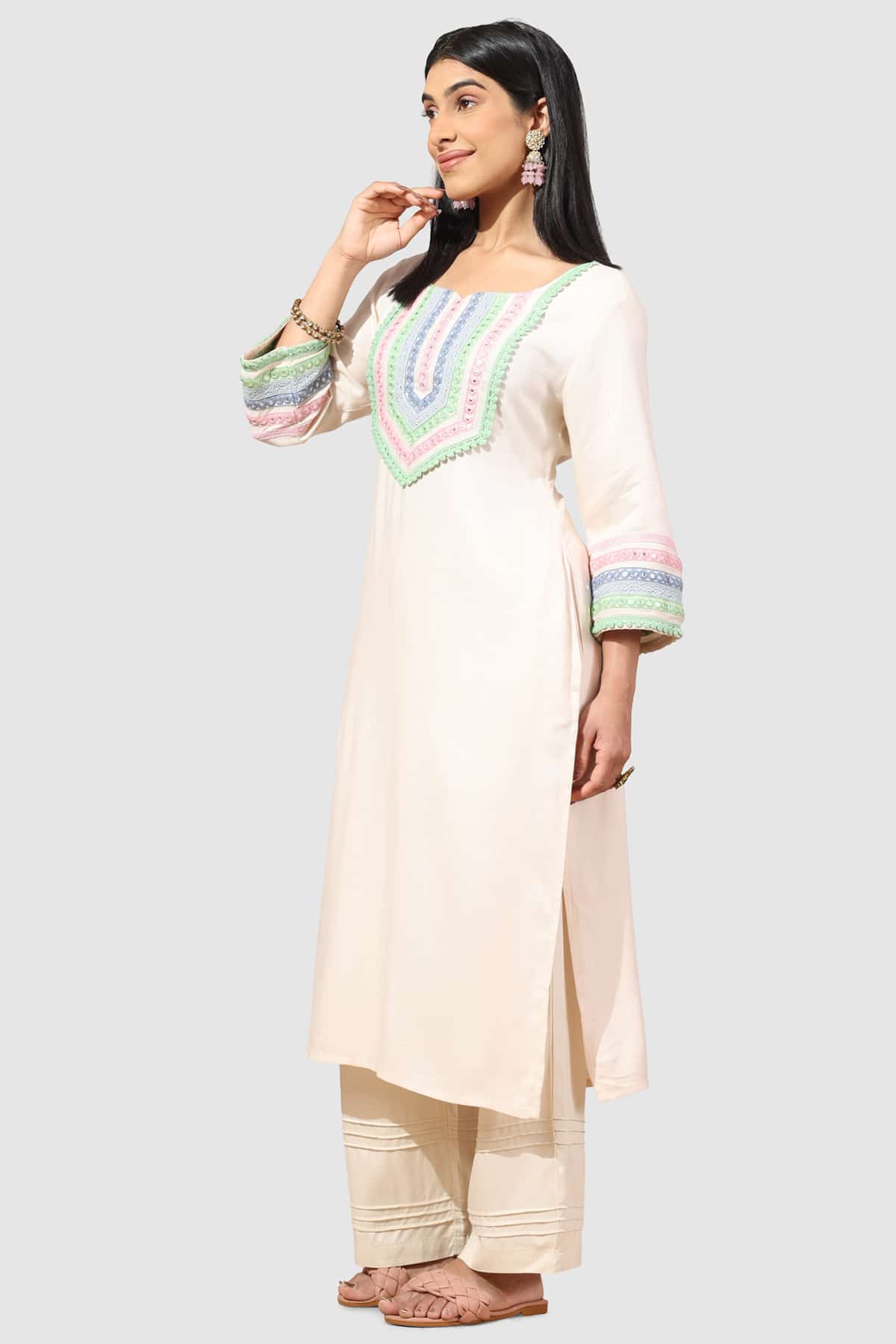 Embroidered Beige Kurta For Women