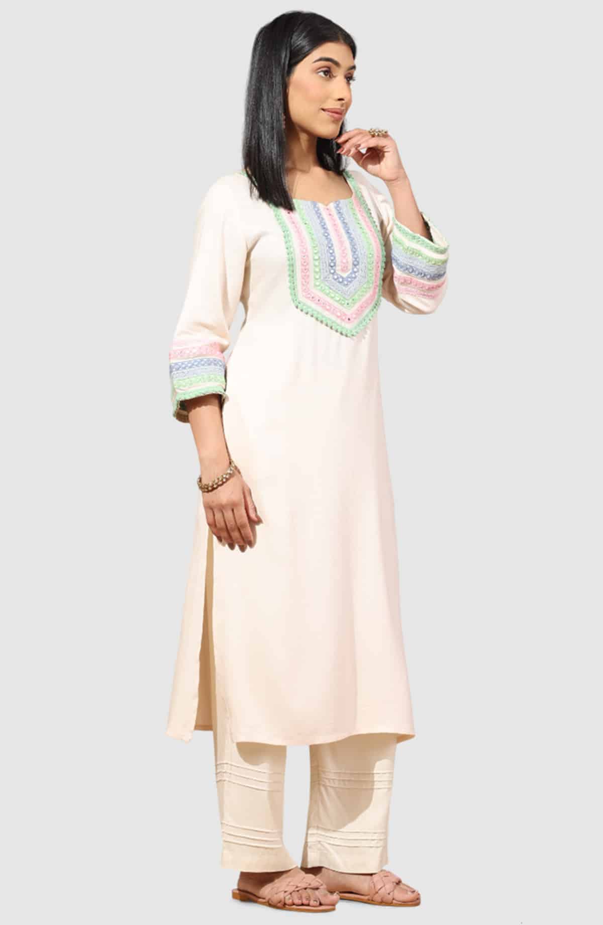 Embroidered Beige Kurta For Women