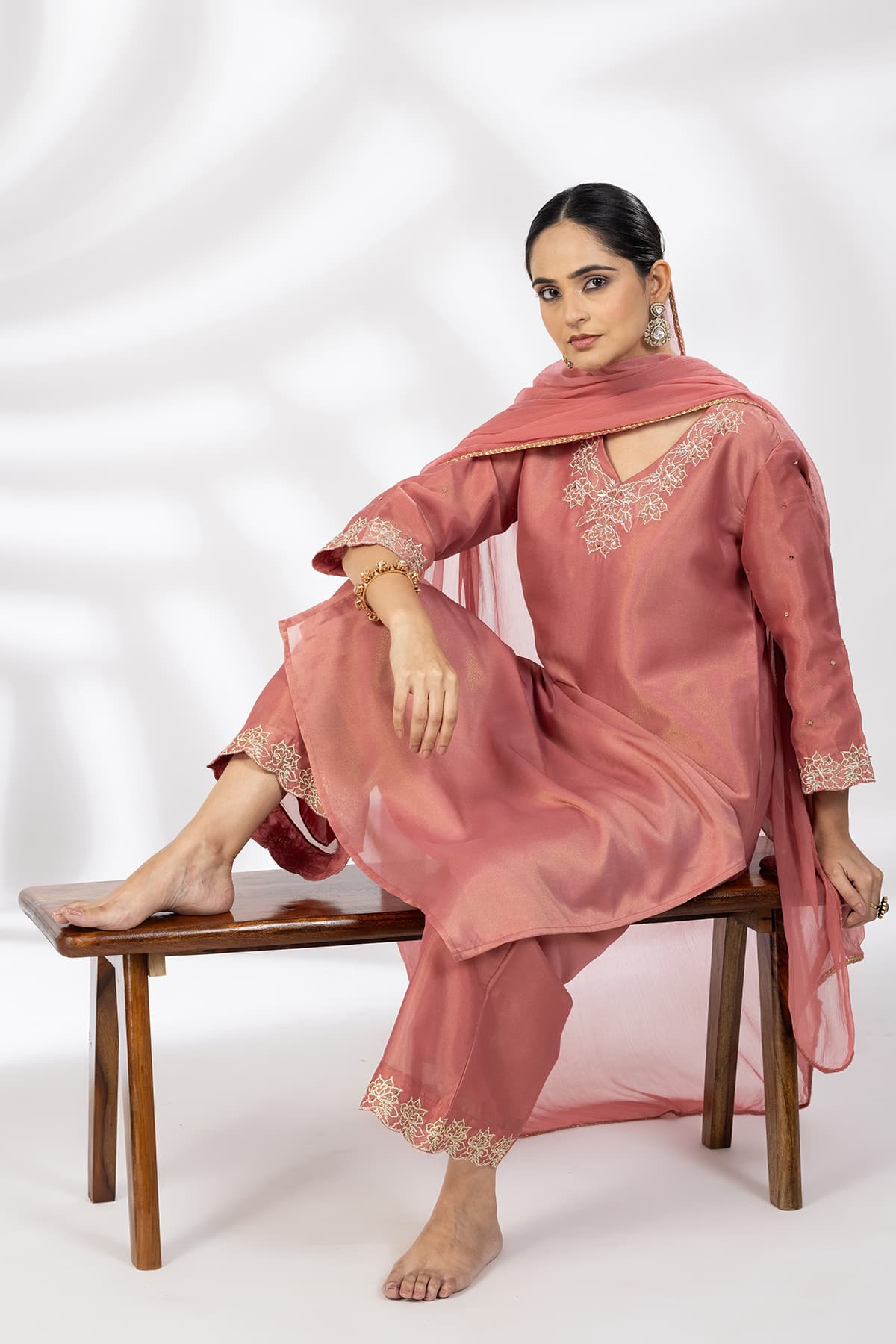 Crystal Rose Embroidered Ensemble Kurti in Tissue Shimmer - Image 4