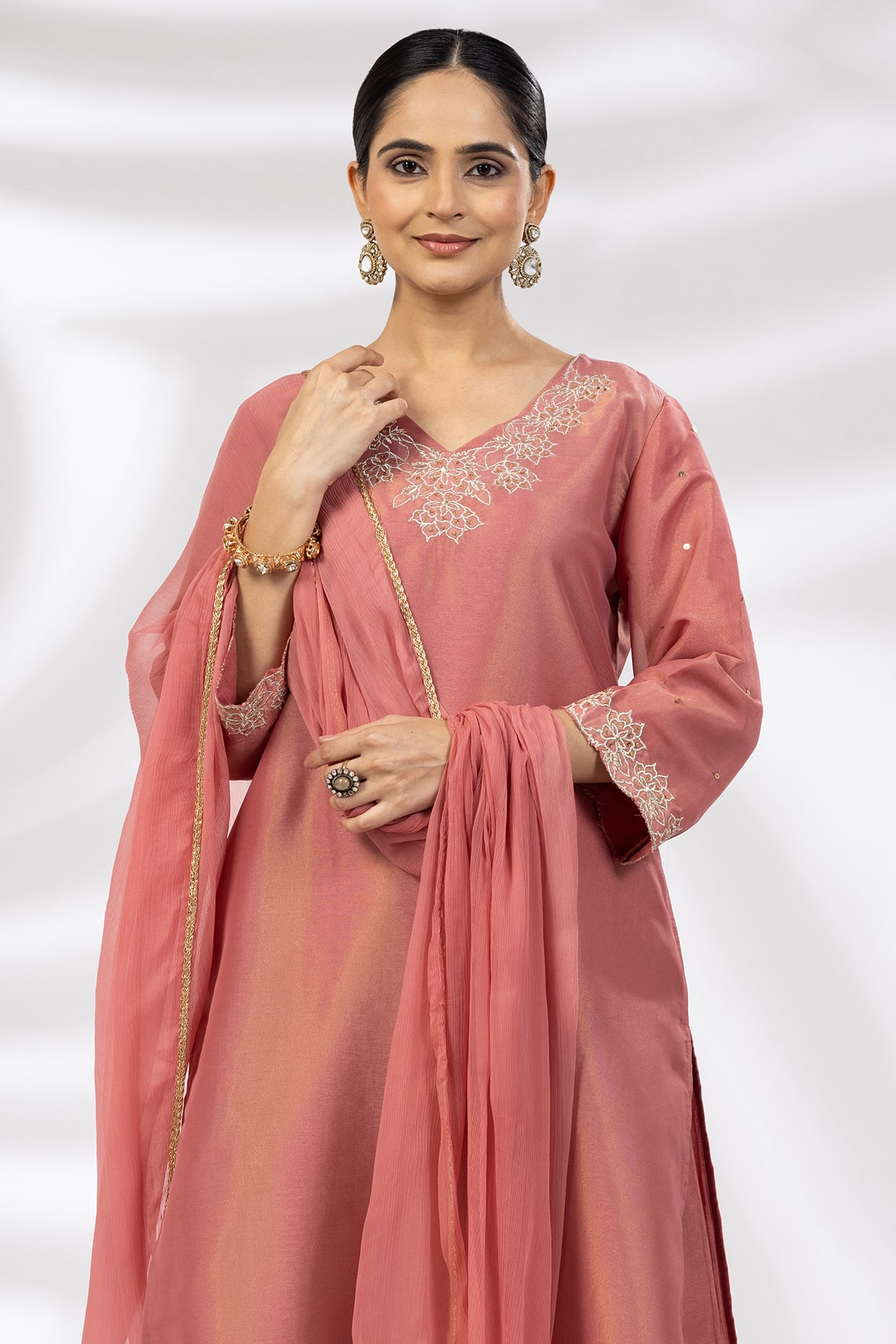 Crystal Rose Embroidered Ensemble Kurti in Tissue Shimmer - Image 3