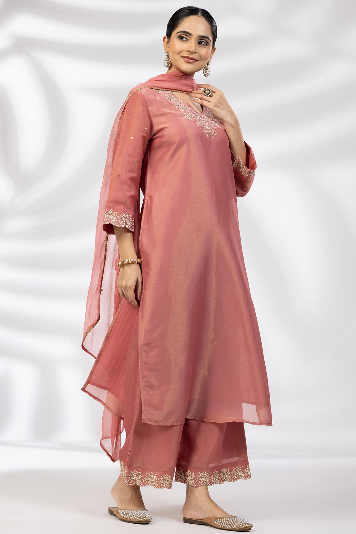 Crystal Rose Embroidered Ensemble Kurti in Tissue Shimmer - Image 2