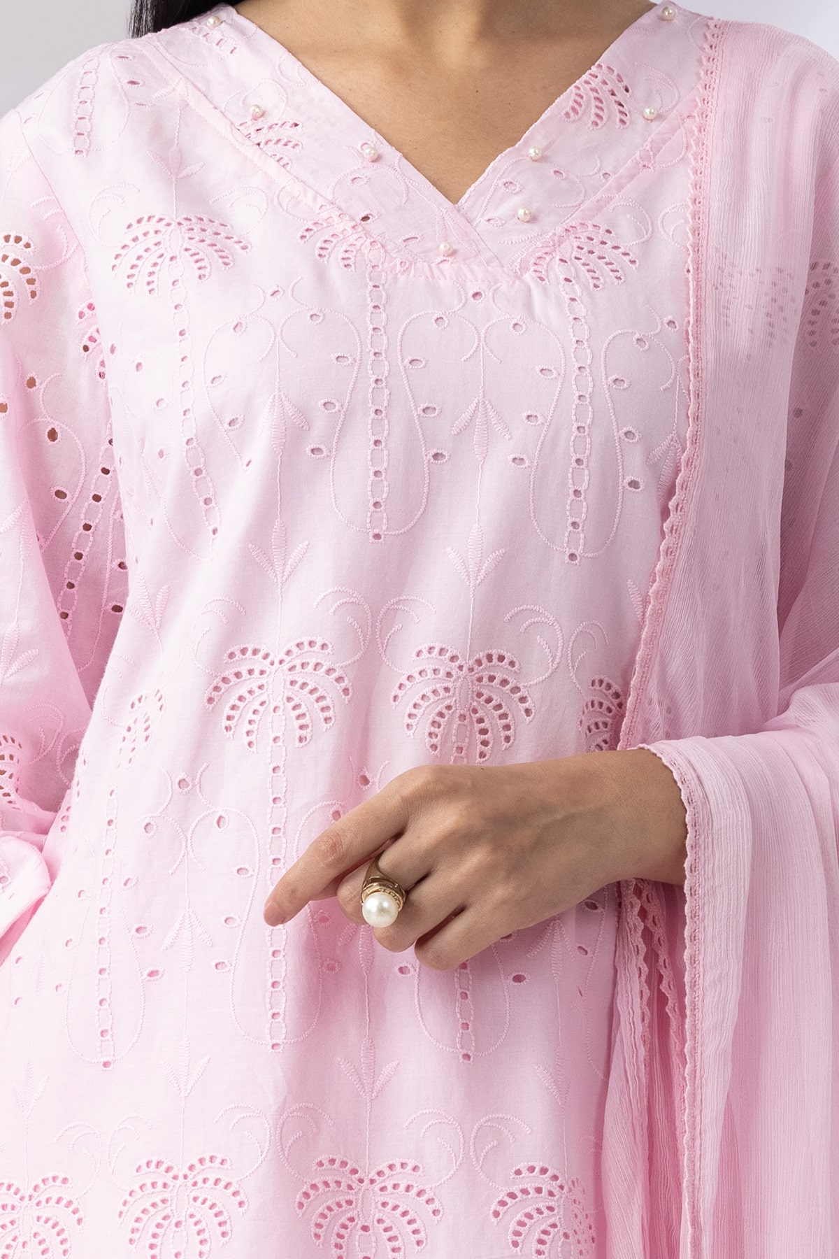 Pink Schiffli Kurti with V-Neck & 3/4th Sleeves - Image 5