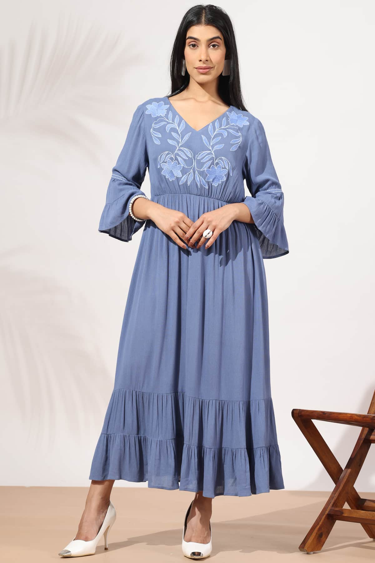 Embroidered Blue Dress Maxi For Women