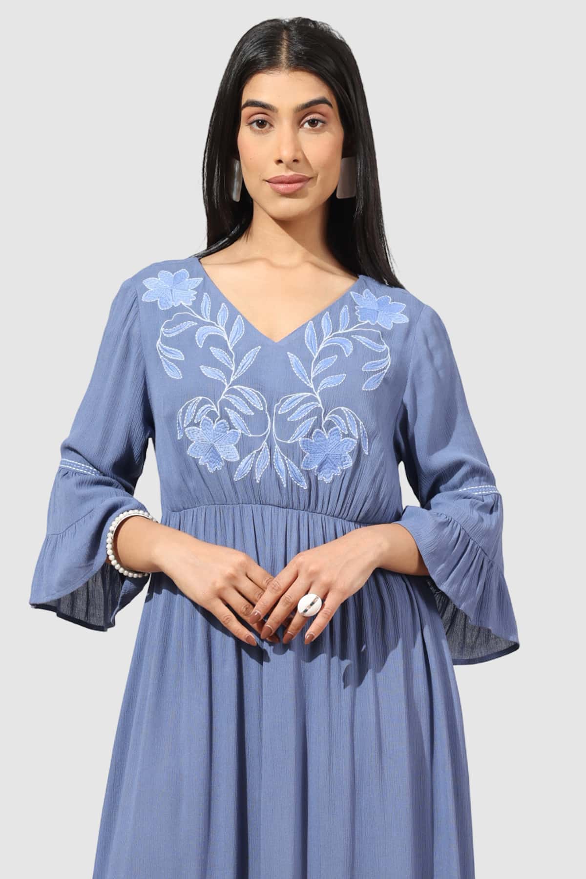 Embroidered Blue Dress Maxi For Women