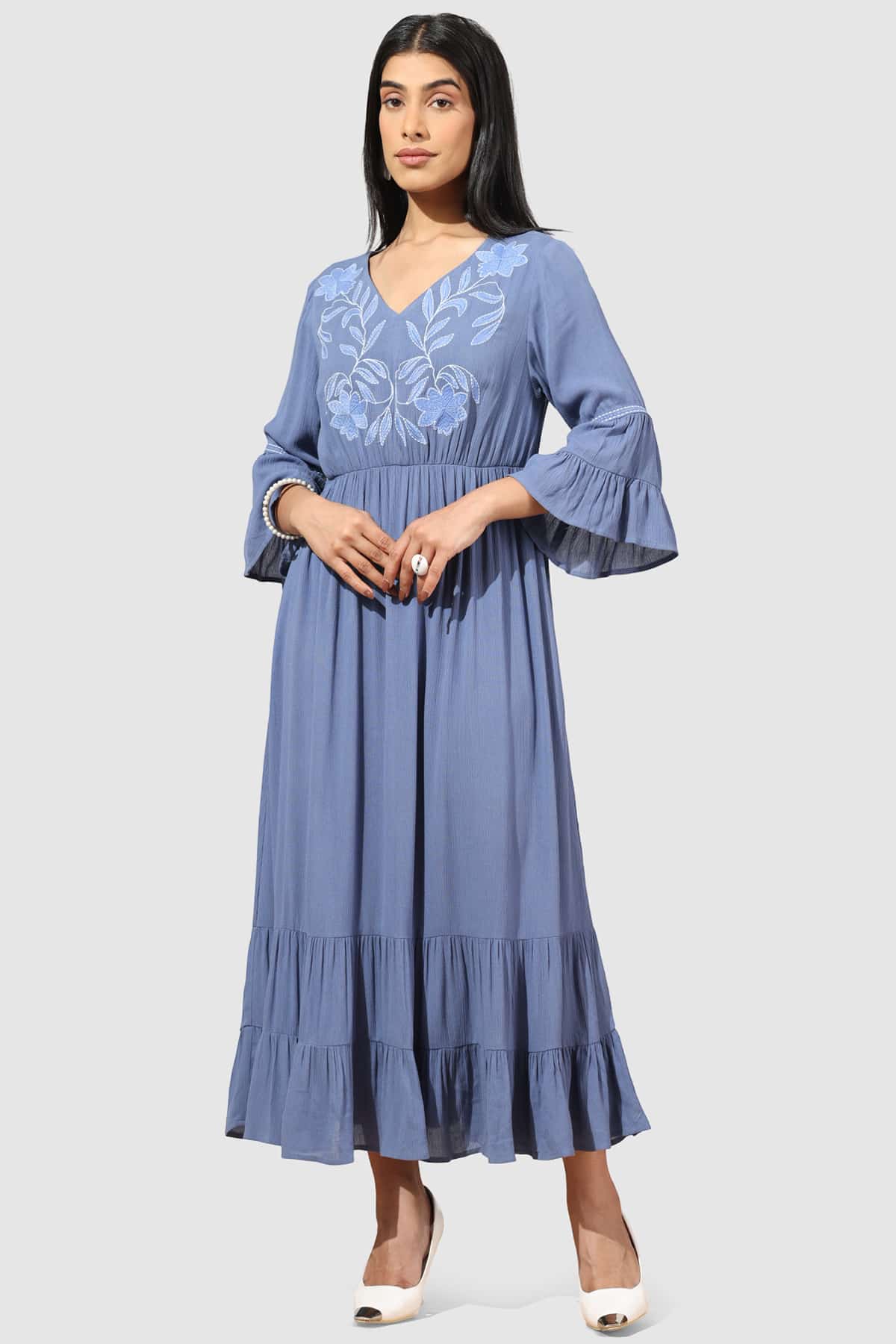 Embroidered Blue Dress Maxi For Women
