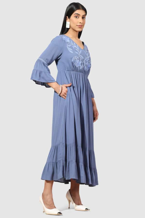 Embroidered Blue Dress Maxi For Women