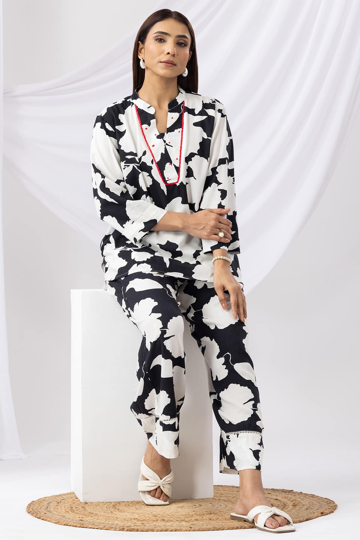 Printed Co Ord Black And White Tops