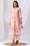 Printed Pink V Neck Kurti Women