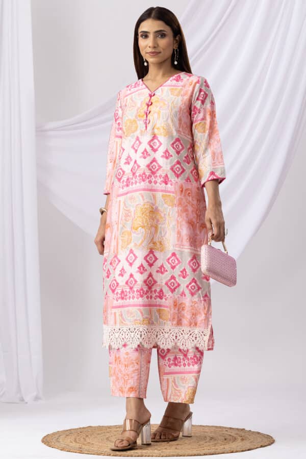 Printed Pink V Neck Kurti Women