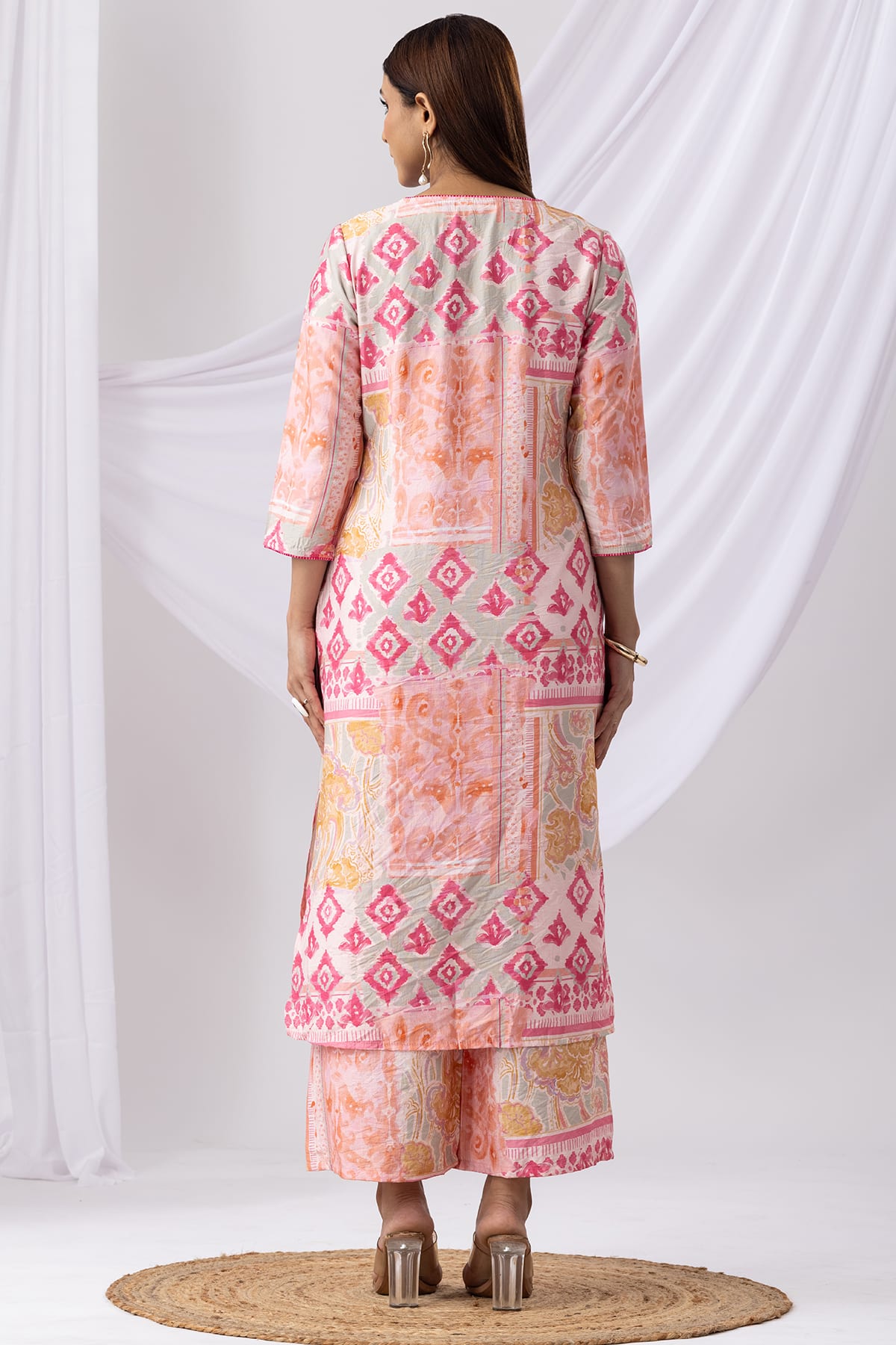 Printed Pink V Neck Kurti Women