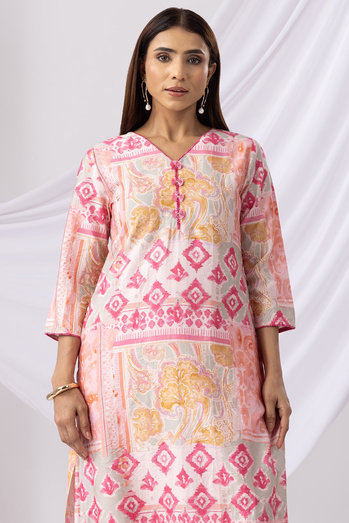 Printed Pink V Neck Kurti Women
