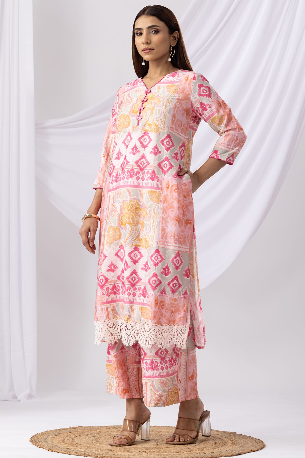 Printed Pink V Neck Kurti Women