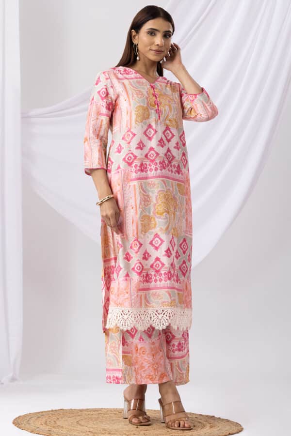 Printed Pink V Neck Kurti Women