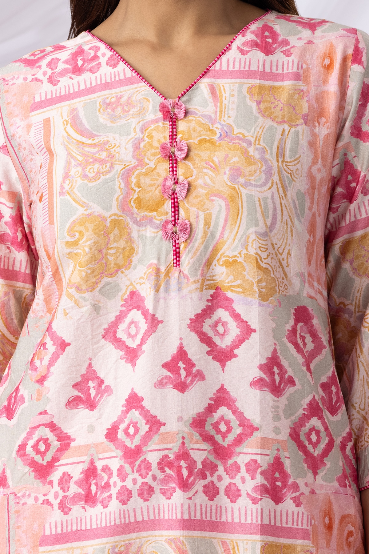 Printed Pink V Neck Kurti Women