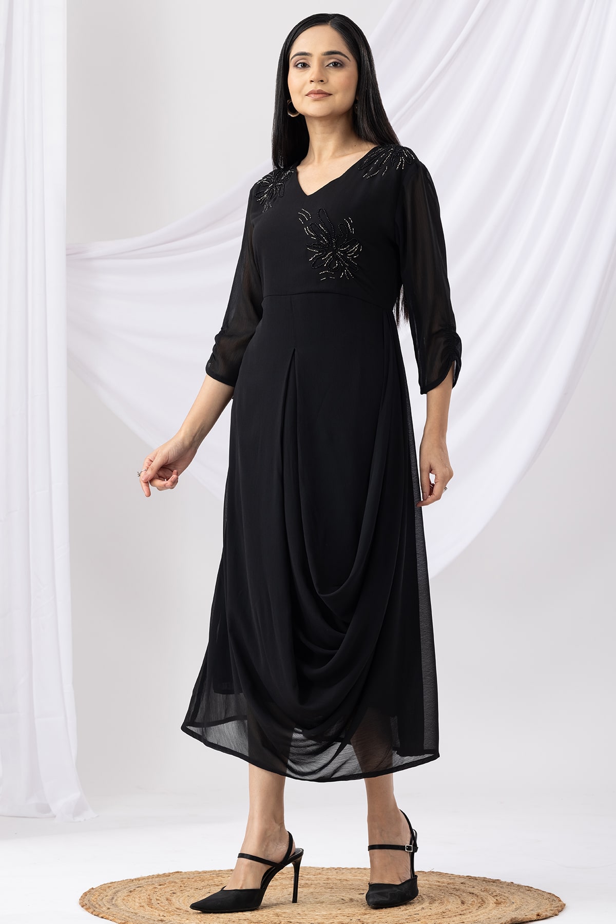 Embroidered Black Dress Long For Women