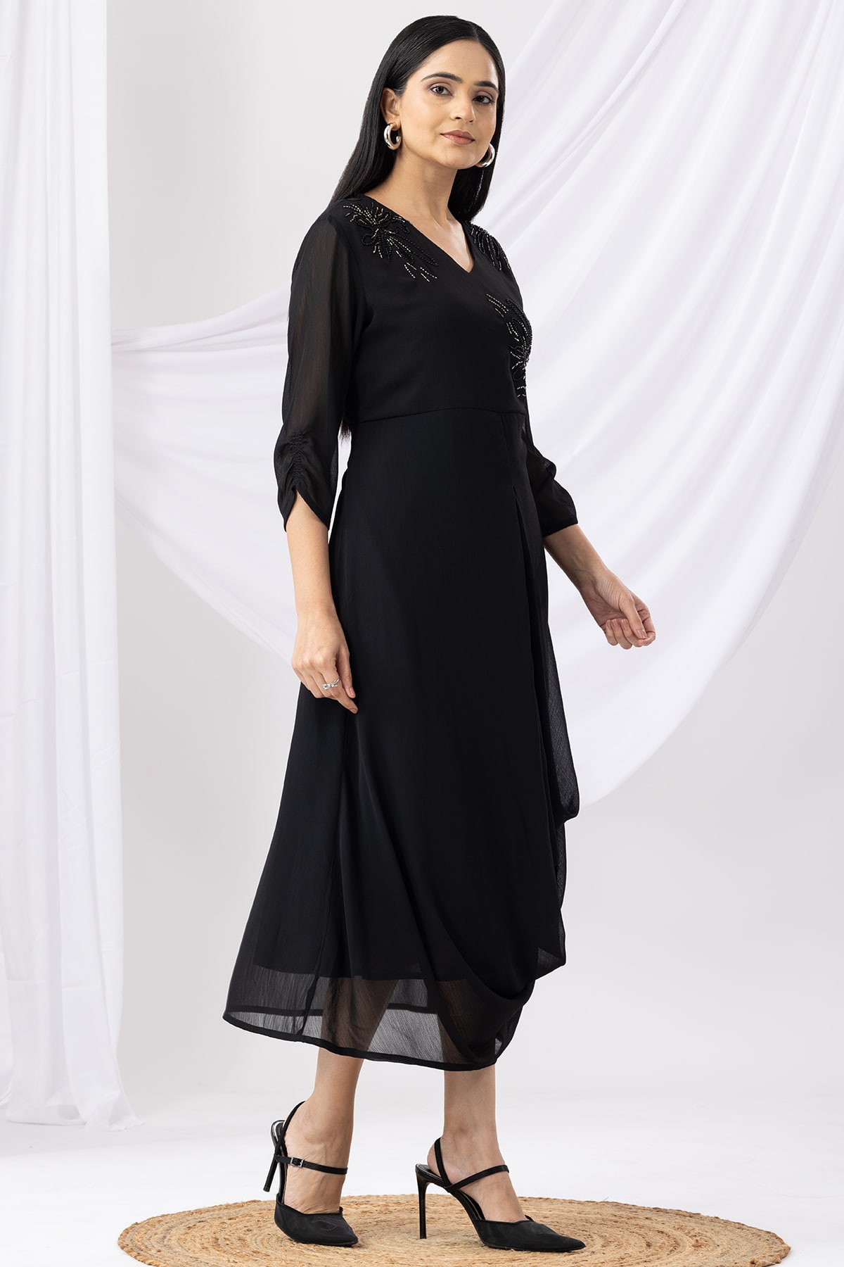 Embroidered Black Dress Long For Women