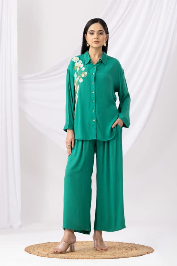 Co Ord Neon Green Embroidered Collar Tops Womens