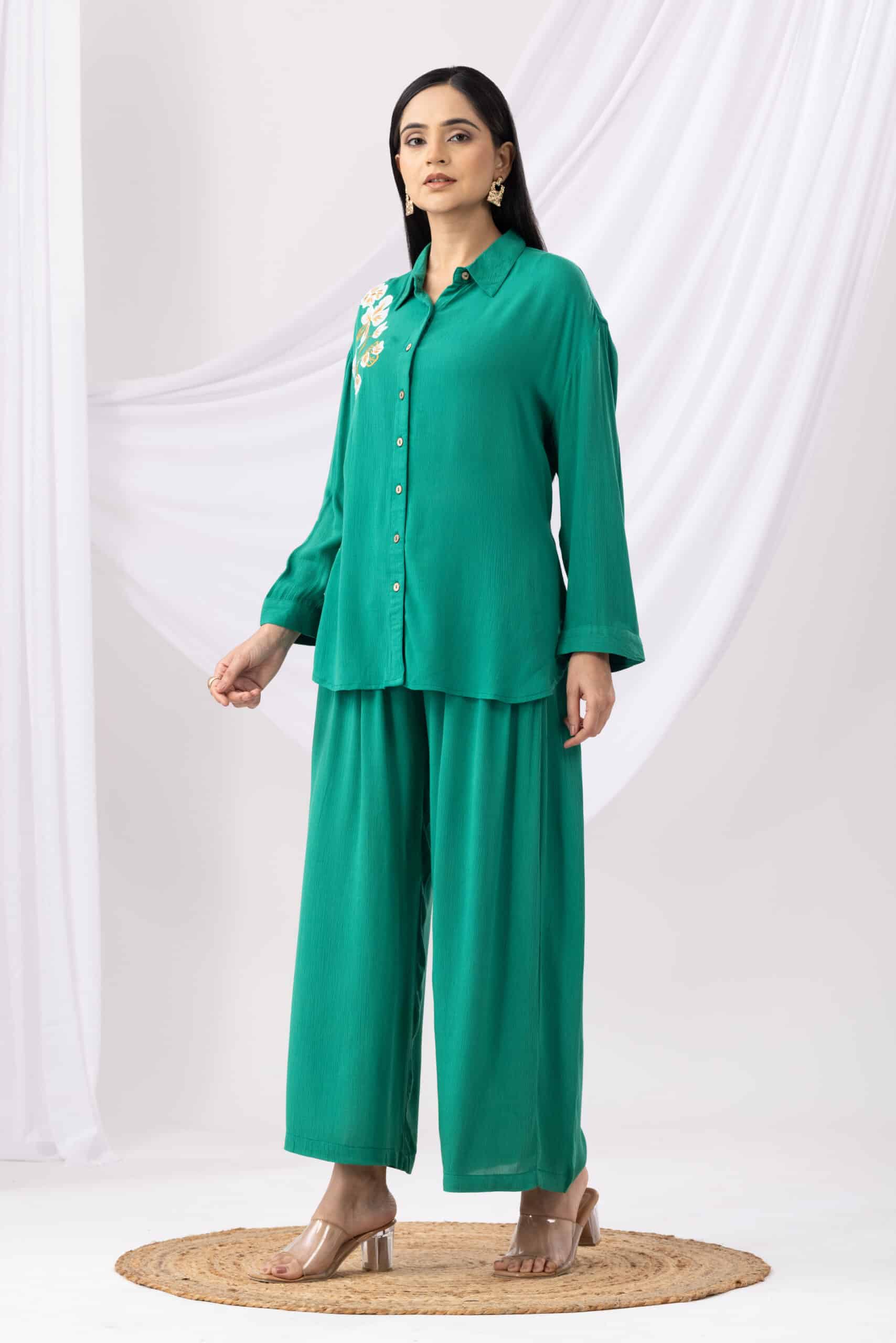 Co Ord Neon Green Embroidered Collar Tops Womens