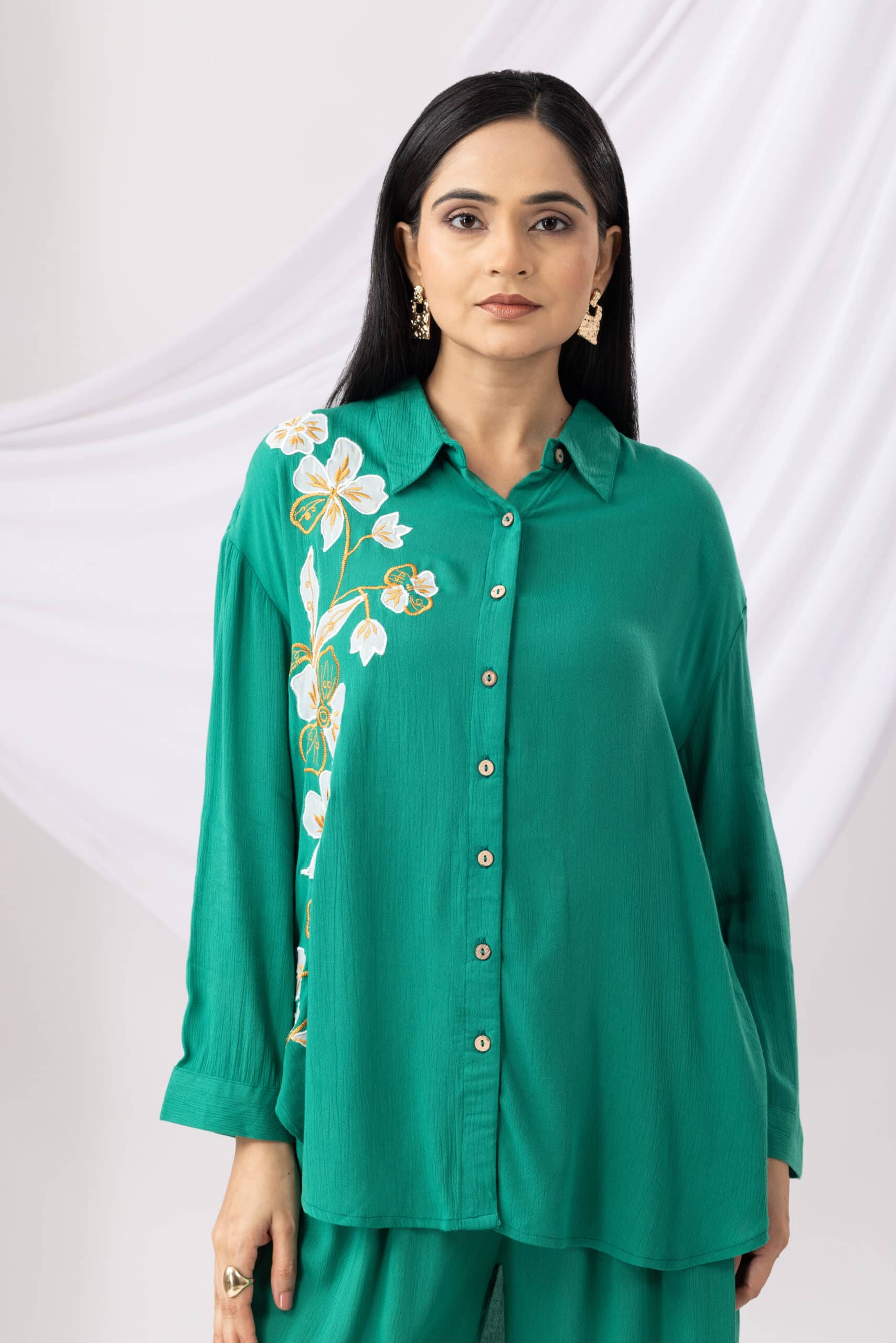 Co Ord Neon Green Embroidered Collar Tops Womens
