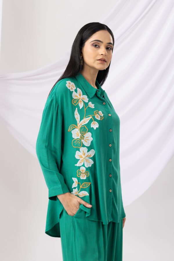 Co Ord Neon Green Embroidered Collar Tops Womens